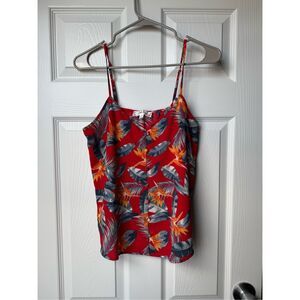Pink Rose Tank Top Small Women's Red Blue Hawaiian Beachy Floral Buttons